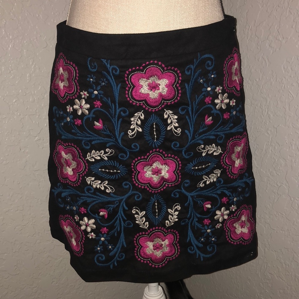 Black faux suede embroidered skirt